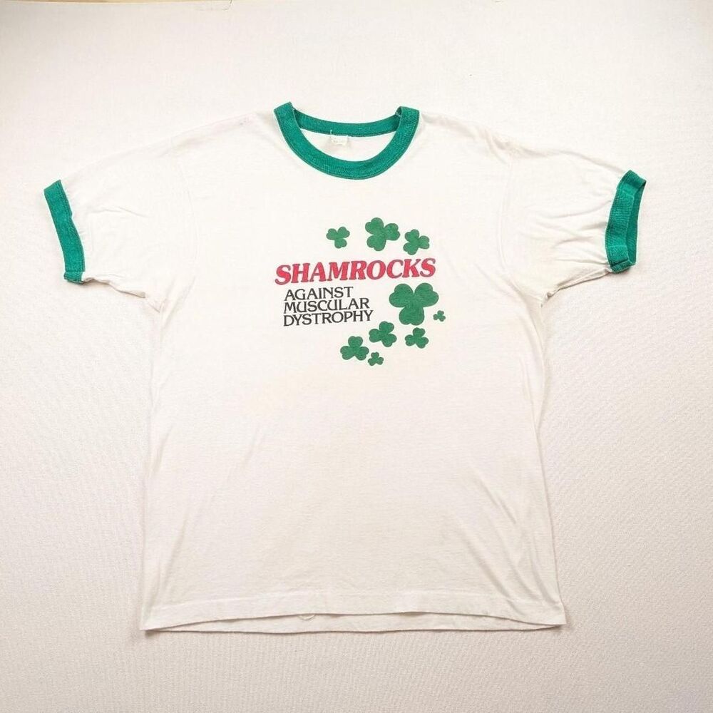 Vintage 80s White and Green Ringer Tshirt Muscular Dystrophy Screen Stars XL